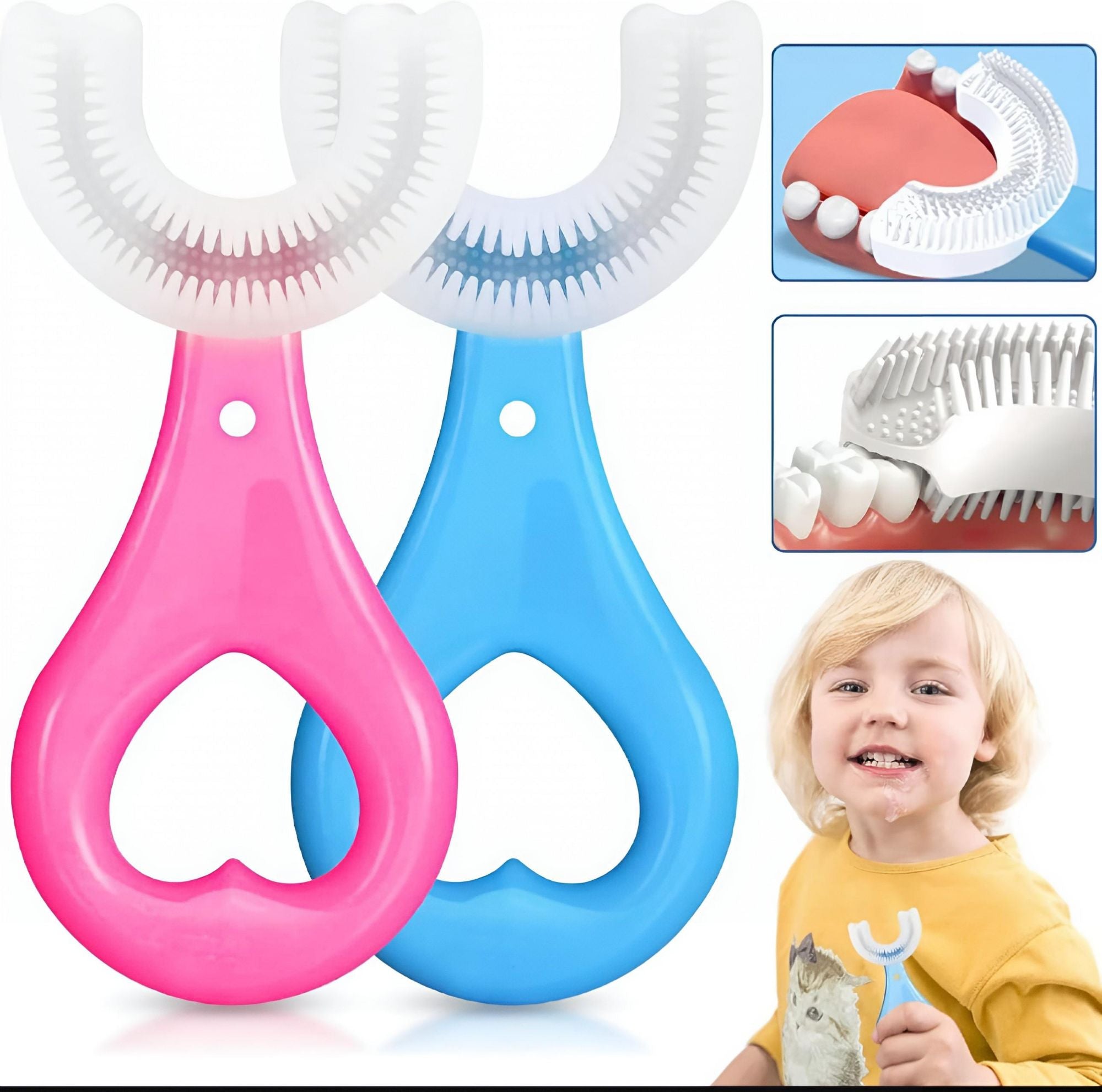 🦷 Kids Silicone U-Shaped Toothbrush | 360° Soft Baby Brush | Ages 2-12 | Blue & Pink